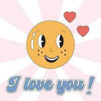 Valentines day card with retro emoji in love. I love you. Smiling yellow smile, emotion with heart. Vector hippie love illustration. Cartoon February 14.