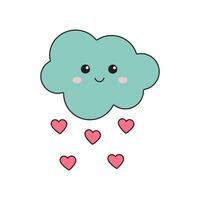 Cute smiling cloud with love rain from hearts. Lovely valentine day romantic concept in kawaii cartoon style. vector