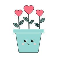 Cute flowers in shape of heart in smiling pot in retro groovy style. Smiling romantic flowerpot with flowers in shape of hearts for Valentine day, White day in kawaii style. vector