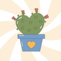 Cute flowerpot with cactus in shape of heart in retro groovy style. Positive concept in vintage 90s, 80s style. Vector hippie smile cartoon pot with blooming cacti illustration.