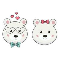 dos linda otoño en amor polarizar osito de peluche osos. gracioso dibujos animados kawaii romántico Pareja de blanco osos. Perfecto para san valentin día tarjeta, etiqueta, póster. vector