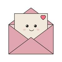 Love letter and envelope in cute kawaii style. Valentines day post concept. Romantic letter, message. vector