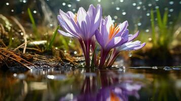 ai generado vibrante azafrán florecer en mojado césped reflejando belleza foto