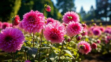ai generado vibrante dalia florecer un Estallar de rosado en formal jardín foto