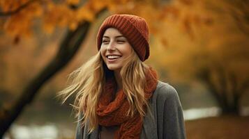 ai generado uno joven mujer sonriente disfrutando otoño belleza en calentar foto