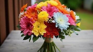 AI generated vibrant multi colored bouquet of dahlias gerbera daisies photo