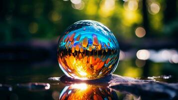 ai generado vibrante gota de agua esfera refleja naturaleza belleza en resumen foto