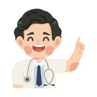 Happy doctor pointing above his head cartoon vector