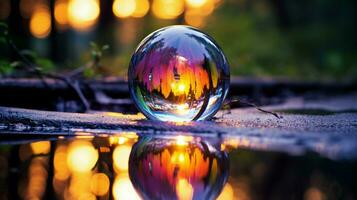 ai generado vibrante gota de agua esfera refleja naturaleza belleza en resumen foto
