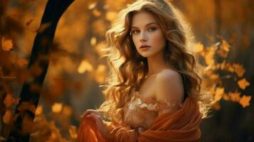 ai generado uno joven mujer belleza en naturaleza otoño elegancia Moda foto
