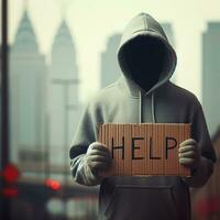 AI generated Hooded man holding a cardboard sign with the word help on it photo