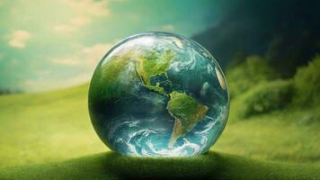 AI generated Earth planet on green grass background. Earth Day photo