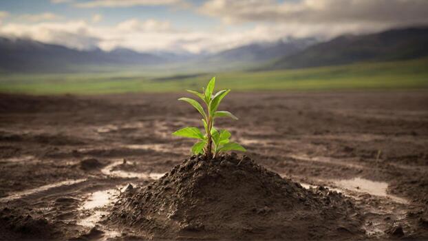ai generado verde brote creciente desde suelo en un antecedentes de montañas y nubes ecología concepto. tierra día foto