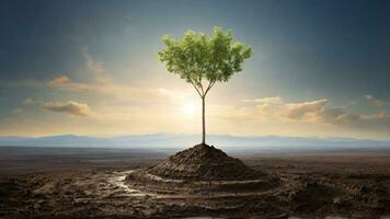 AI generated Conceptual image of green tree growing from soil. Ecology concept. Earth Day photo