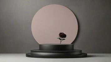 AI generated Black podium with rose flower on gray background. 3d render illustration photo