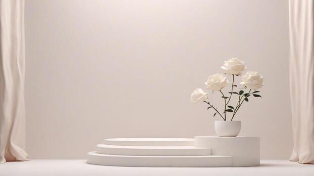ai generado blanco mínimo podio para producto monitor con blanco Rosa flor decoración. 3d hacer foto