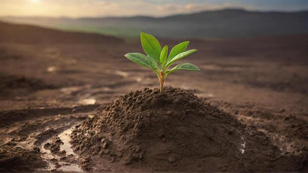 ai generado verde brote creciente desde suelo en un antecedentes de montañas y nubes foto