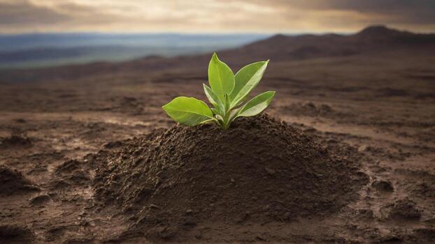 ai generado verde planta creciente en el suelo con montaña antecedentes. ecología y ambiente concepto foto
