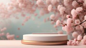 AI generated 3d rendering of product display podium with cherry blossom background. photo