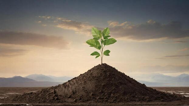 ai generado verde planta creciente fuera de suelo con montañas en antecedentes. ecología concepto. tierra día foto