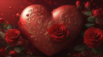 AI generated Valentine's day background with red roses and red heart. photo