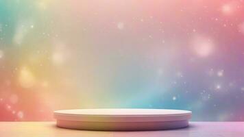AI generated podium or pedestal on colorful rainbow gradient bokeh background, 3d render photo