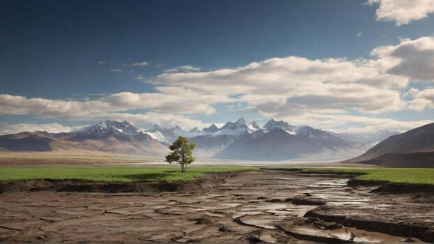 ai generado solitario árbol en el agrietado suelo con montañas en el antecedentes foto