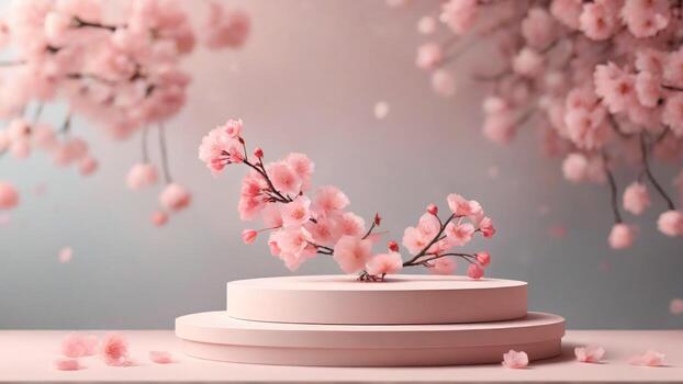 ai generado Cereza florecer y pedestal podio para producto monitor 3d representación foto