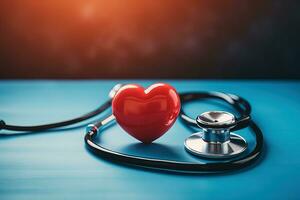 AI generated Stethoscope and red heart on blue wooden background. Health care concept. photo