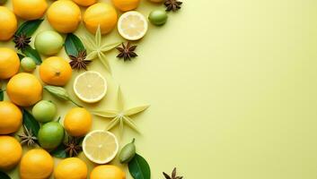 AI generated Top view of fresh lemons, limes and star anise on yellow background. AI Generated. photo