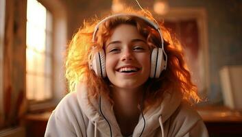 AI generated Portrait of young woman with headphones listening to music at home photo