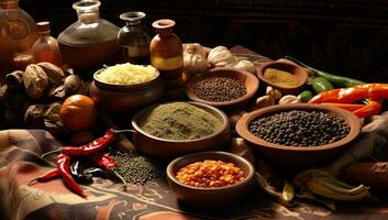 AI generated Spices and herbs on the table. Food and cuisine ingredients. AI Generated. photo