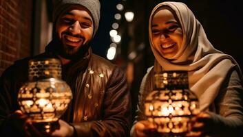 AI generated Muslim couple in the city at night with lanterns in their hands photo