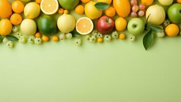 AI generated Assorted Fresh Fruits on a Vibrant Green Background. AI Generated. photo