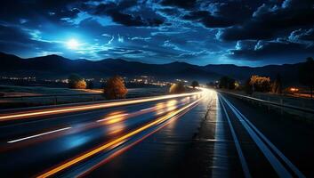 ai generado coche ligero caminos en el la carretera a noche. ai generado. foto