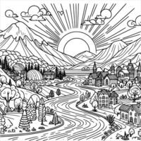 panorama  coloring book black and white. environment vector drawing