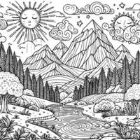 panorama  coloring book black and white. environment vector drawing