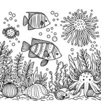 underwater world coloring book hand drawn. ocean life coloring page black and white vector illustration