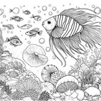 underwater world coloring book hand drawn. ocean life coloring page black and white vector illustration
