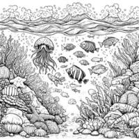 submarino mundo colorante libro mano dibujado. Oceano vida colorante página negro y blanco vector ilustración