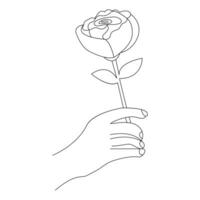 Continuous Beautiful Rose flowers single line art vector drawing of hand holding