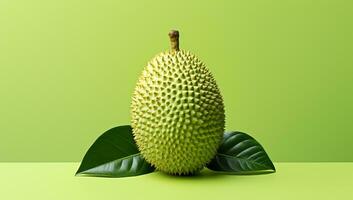 AI generated Single Durian Fruit on Green Background. AI Generated. photo