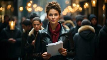 AI generated Young beautiful woman in a black leather jacket with documents in her hands. AI Generated. photo