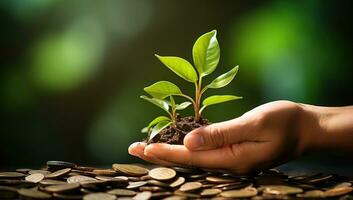 AI generated Investment to green business concept, plant growing from pile of coins photo