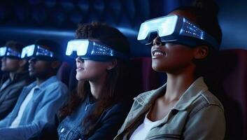 AI generated Young african american woman using virtual reality headset while sitting in cinema. AI Generated. photo