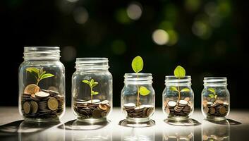 AI generated Coins in glass bottles with seedling growing on them. Saving money concept. AI Generated. photo