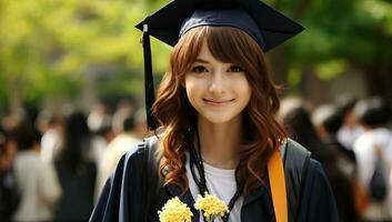 ai generado asiático joven mujer en graduación gorra y vestido con sonrisa foto