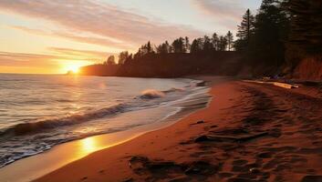 AI generated Sunset at a serene beach with waves and footprints in the sand photo