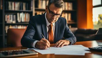 AI generated Serious mature businessman in eyeglasses is sitting at the table and signing documents in office. AI Generated. photo