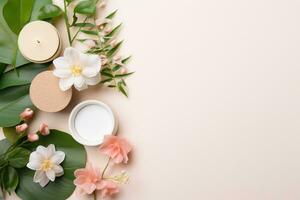 ai generado plano laico composición con cosmético productos y flores en beige antecedentes foto